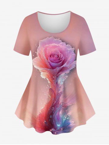 Plus Size 3D Water Droplet Tornado Flower Print Ombre T-shirt - LIGHT PINK - 1X