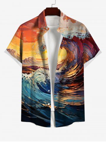 Plus Size Vacation Style Sea Waves Sunset Print Buttons Pocket Shirt