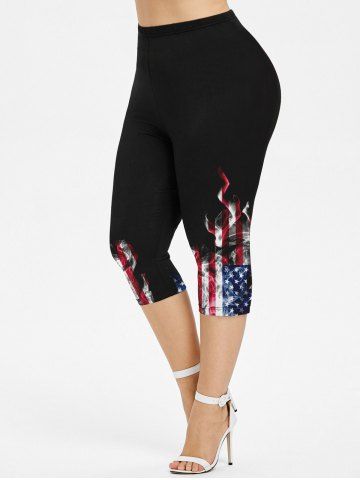 Plus Size American Flag Flame Print Capri Leggings - BLACK - XS