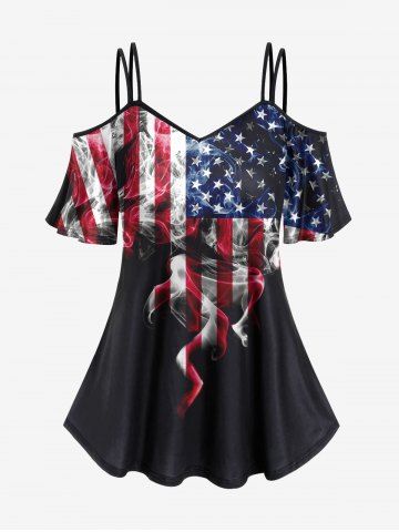 T-shirt Drapeau Américain Flamme Imprimé à Epaule Dénudée de Grande Taille - BLACK - XS