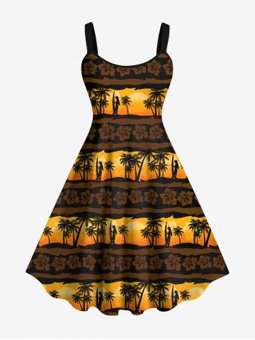 Plus Size Vintage Coconut Tree Flower Striped Dusk Print Backless A Line Tank Dress