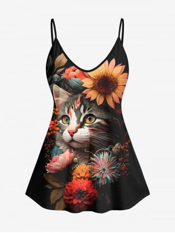 Plus Size Cute Cat Flower Print Backless Cami Top(Adjustable Shoulder Strap) - BLACK - M