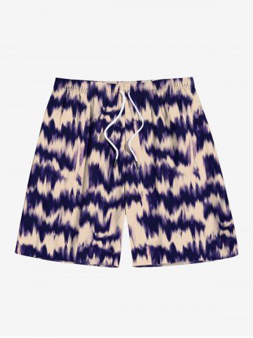 Men's Vacation Style Streak Dye Colorblock Print Beach Shorts - CHAMPAGNE - M