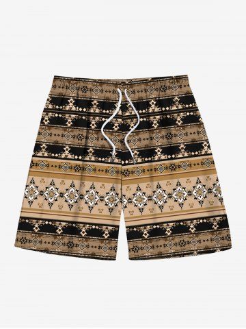 Men's Ethnic Floral Pattern Print Beach Shorts - COFFEE - M