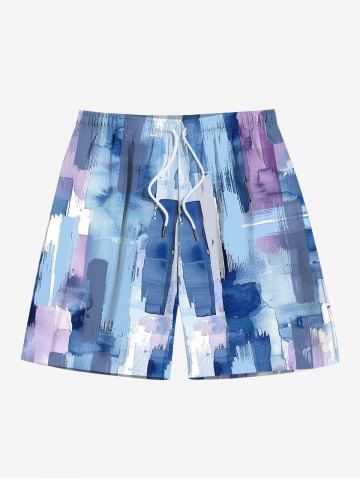Men's Minimalist Style Watercolor Art Random Brushstroke Print Beach Shorts - BLUE - M