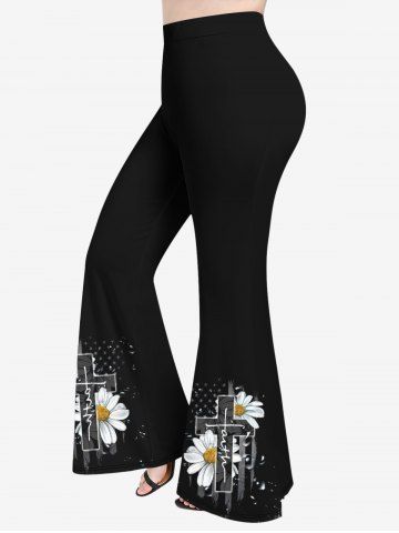 Plus Size Daisy Flower Cross American Flag Bubble Print Flare Pants - BLACK - S