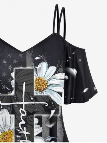 Plus Size Daisy Flower Cross American Flag Bubble Print Cold Shoulder T-shirt