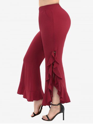 Plus Size Side Lace Up Braided Flounce Hem Pockets Solid Bootcut Pants
