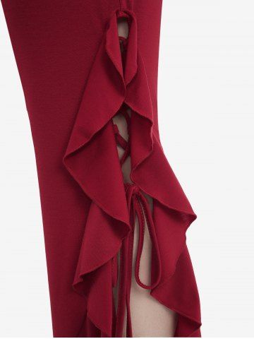 Plus Size Side Lace Up Braided Flounce Hem Pockets Solid Bootcut Pants