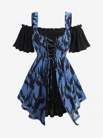 Plus Size Cold Shoulder Lace Up Floral Jacquard Laser Cut Hollow Out Layered 2 in 1 Top - DEEP BLUE - M | US 10