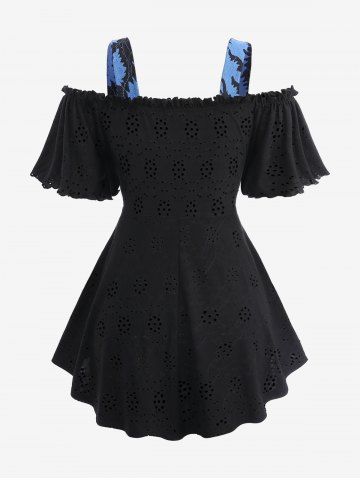Plus Size Cold Shoulder Lace Up Floral Jacquard Laser Cut Hollow Out Layered 2 in 1 Top
