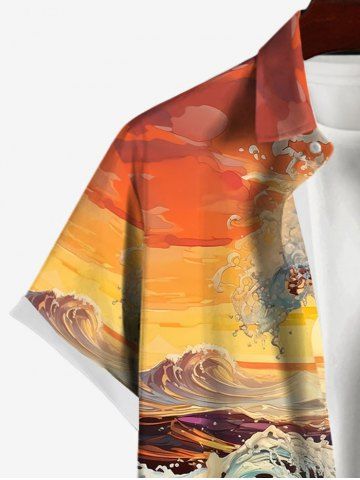 Hawaii Plus Size Vacation Style Sea Waves Sunset Print Buttons Pocket Shirt
