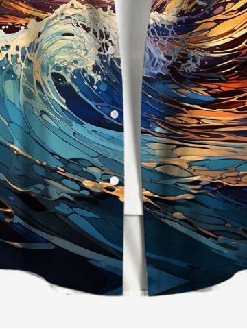 Hawaii Plus Size Vacation Style Sea Waves Sunset Print Buttons Pocket Shirt