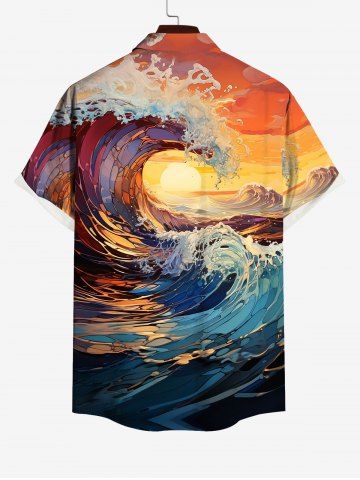 Hawaii Plus Size Vacation Style Sea Waves Sunset Print Buttons Pocket Shirt
