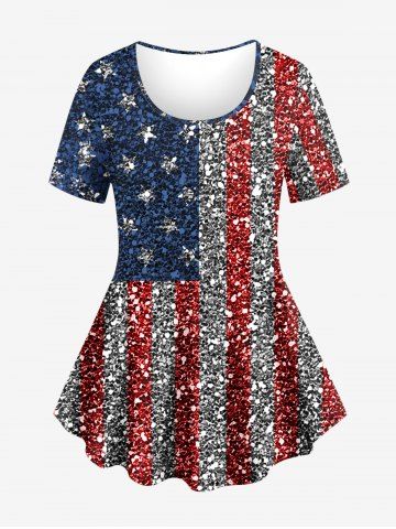 Plus Size American Flag Colorblock Sparkling Sequin 3D Print T-shirt - MULTI-A - 1X