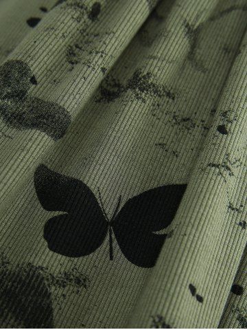 Plus Size Butterfly Ink Painting Print Surplice Ruched Ruffles Grommets Straps Ribbed Textured Tank Top