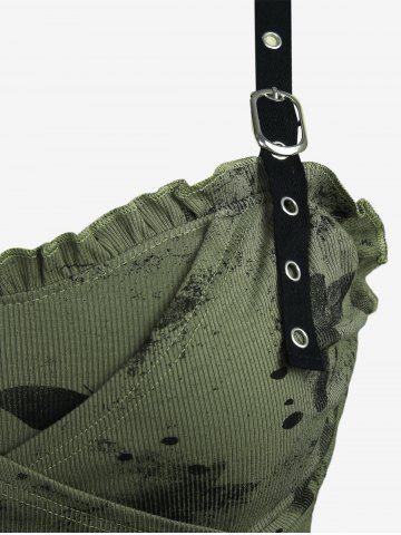 Plus Size Butterfly Ink Painting Print Surplice Ruched Ruffles Grommets Straps Ribbed Textured Tank Top