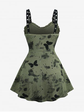 Plus Size Butterfly Ink Painting Print Surplice Ruched Ruffles Grommets Straps Ribbed Textured Tank Top