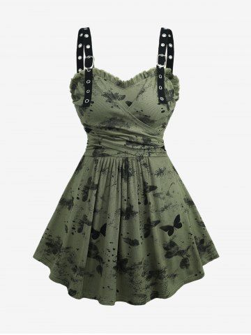 Plus Size Butterfly Ink Painting Print Surplice Ruched Ruffles Grommets Straps Ribbed Textured Tank Top - GREEN - 2X | US 18-20