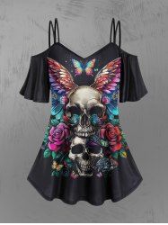 Gothic Cold Shoulder Skulls Rose Flower Leaf Wings Butterfly Print Cami T-shirt -  