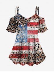 Plus Size Distressed Leopard American Flag 3D Print Cold Shoulder T-shirt -  