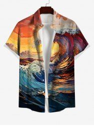 Hawaii Plus Size Vacation Style Sea Waves Sunset Print Buttons Pocket Shirt -  