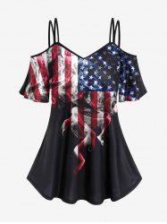 Plus Size American Flag Fire Flame Print Cold Shoulder T-shirt -  