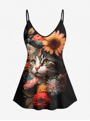 Plus Size Cute Cat Flower Print Backless Cami Top(Adjustable Shoulder Strap) -  