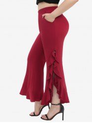Plus Size Side Lace Up Braided Flounce Hem Pockets Solid Bootcut Pants -  