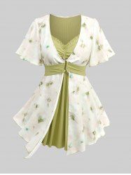 Plus Size Watercolor Flowers Print Buckle Ruched Ruffles Ribbed Textured Asymmetrical 2 In 1 Blouse -  