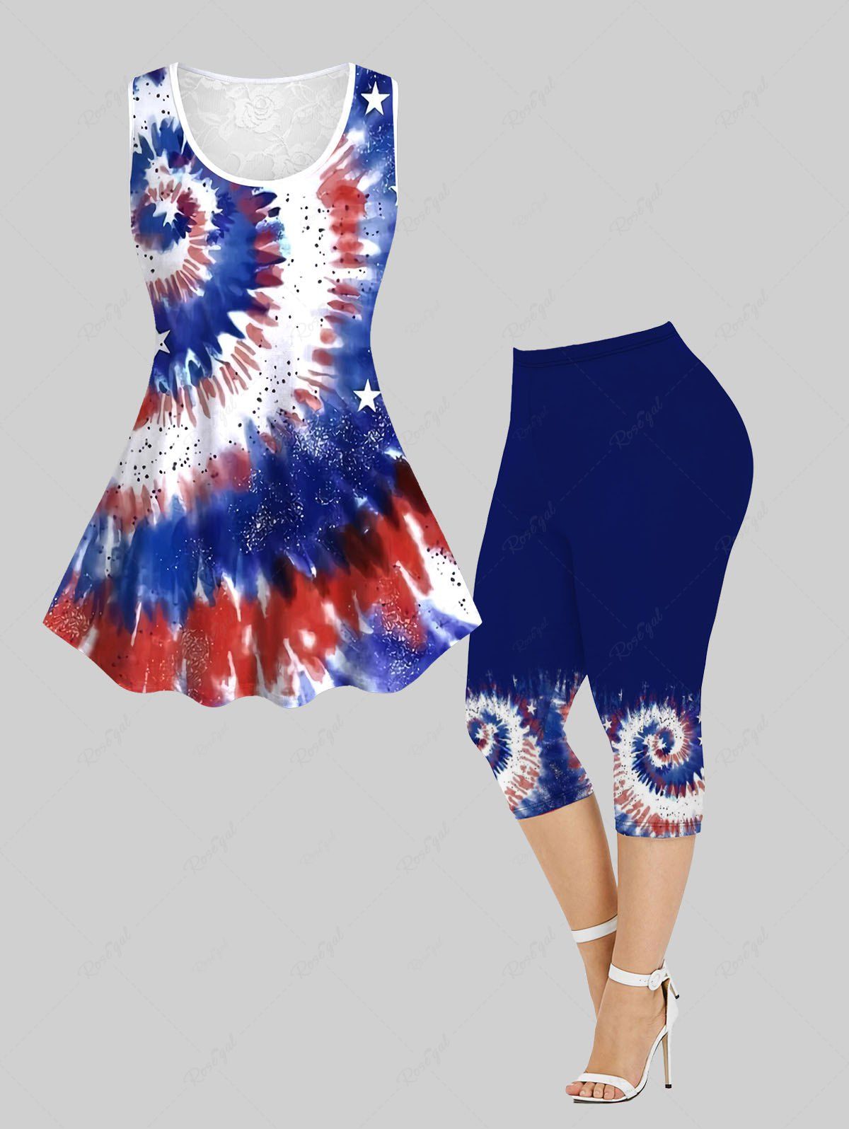 Best Tie Dye American Flag Printed Lace Back Tank Top and Capri Leggings Plus Size Matching Set  
