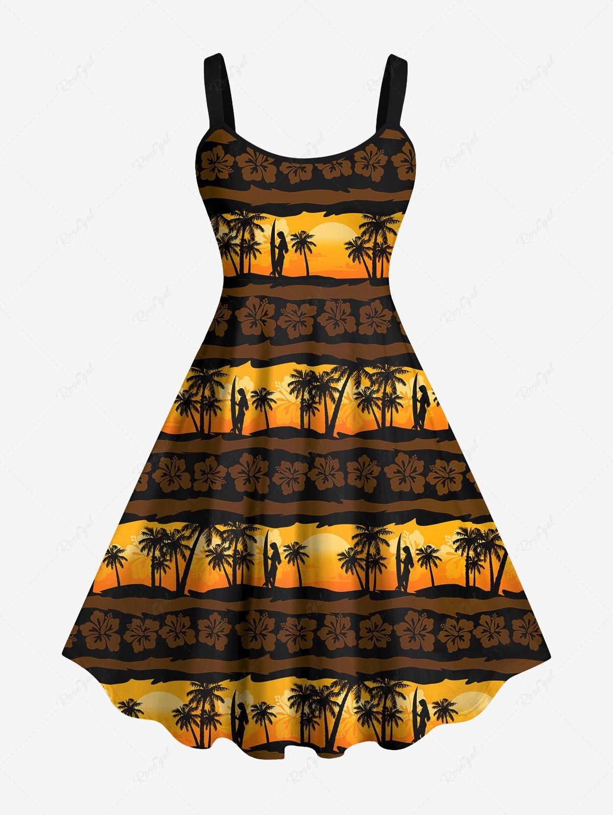 Discount Hawaii Plus Size Vintage Coconut Tree Flower Striped Dusk Print Backless A Line Tank Dress  