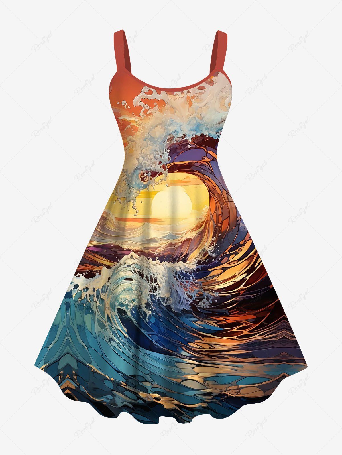Unique Hawaii Plus Size Vacation Style Sea Waves Sunset Print Tank Dress  