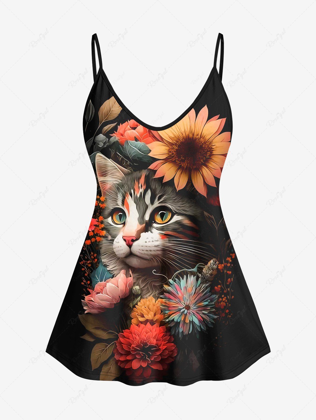 Store Plus Size Cute Cat Flower Print Backless Cami Top(Adjustable Shoulder Strap)  