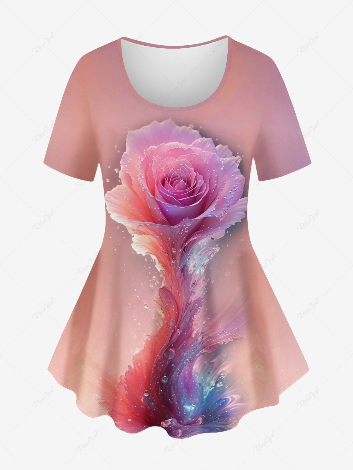 T-Shirt à Imprimé Fleurs et Gazon en Dégradé de Couleurs 3D Grande-Taille Rose clair XS