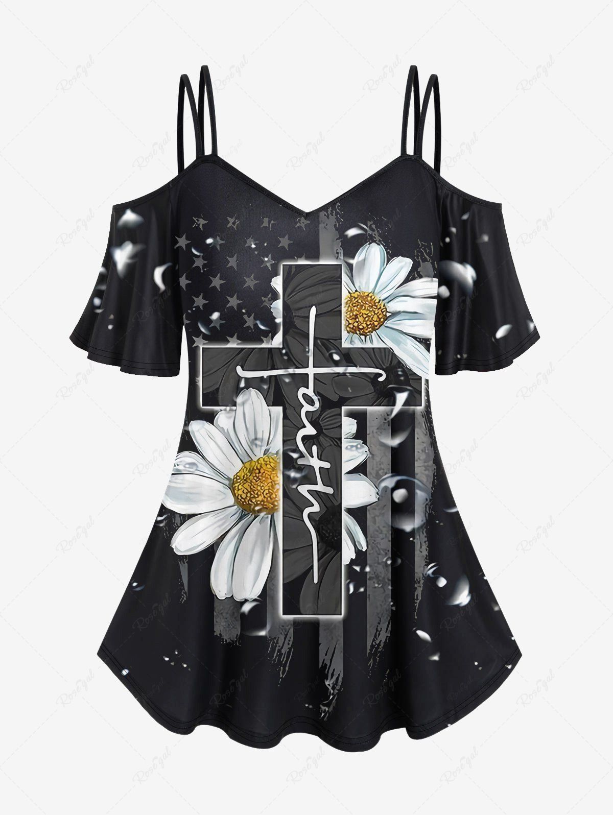 T-shirt Drapeau Américain Croisé Fleur Imprimée à Epaule Dénudée de Grande Taille Noir 6X