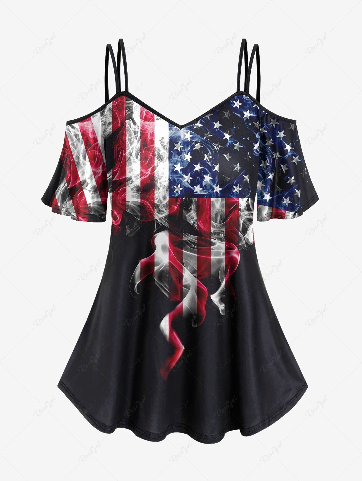 Buy Plus Size American Flag Fire Flame Print Cold Shoulder T-shirt  