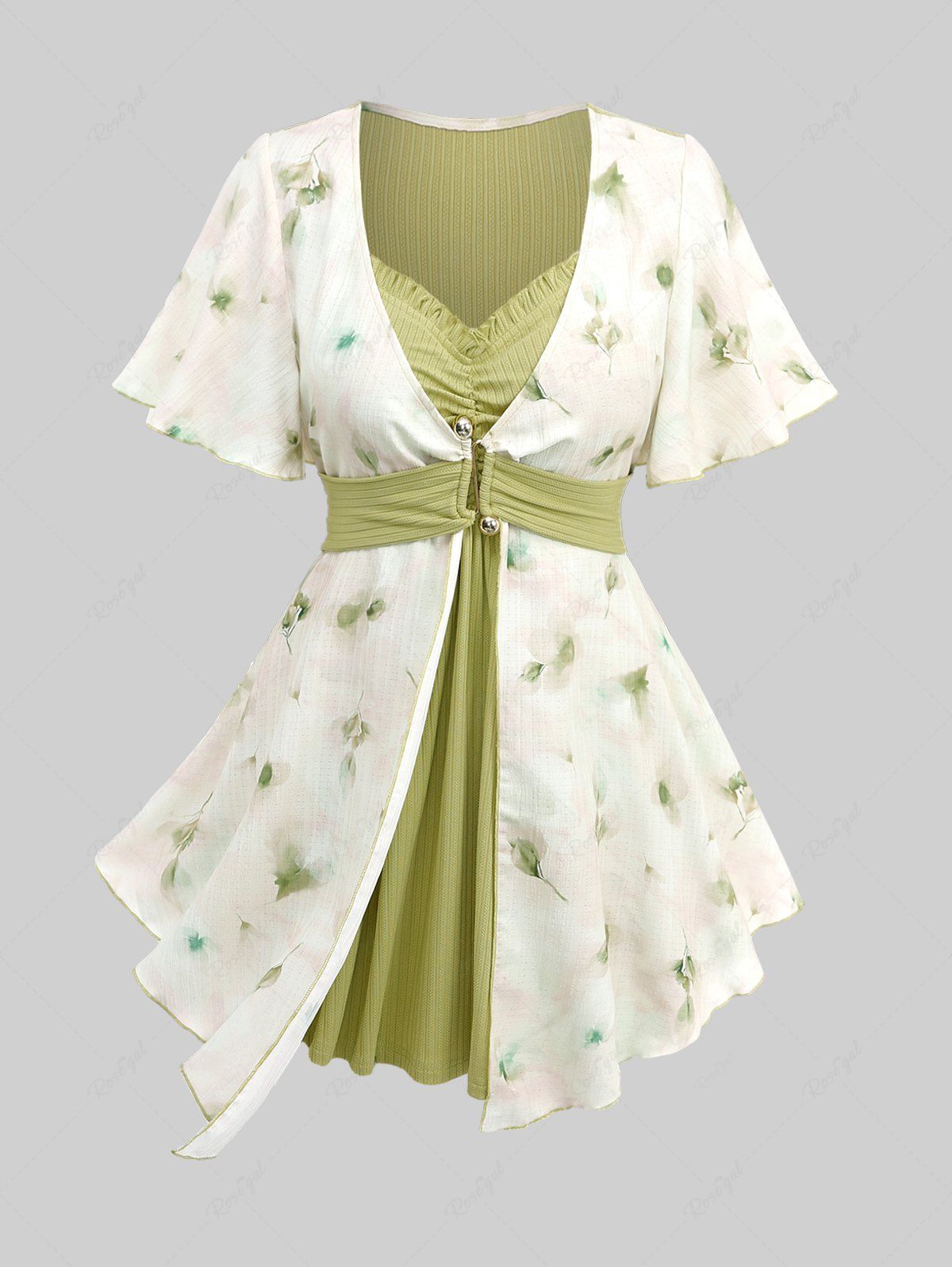 Latest Plus Size Watercolor Flowers Print Buckle Ruched Ruffles Ribbed Textured Asymmetrical 2 In 1 Blouse  