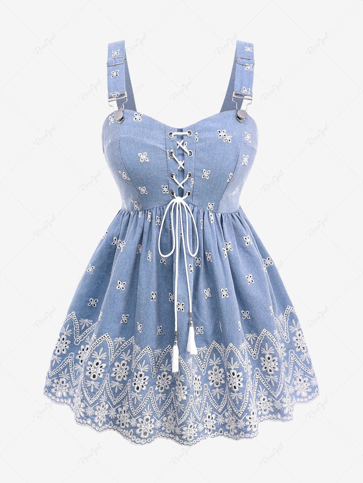 Cheap Plus Size Lace Up Panel Hollow Out Floral Embroidery Tassel Tank Top  