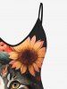 Plus Size Cute Cat Flower Print Backless Cami Top(Adjustable Shoulder Strap) -  