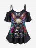 Gothic Cold Shoulder Skulls Rose Flower Leaf Wings Butterfly Print Cami T-shirt -  