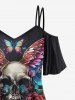 Gothic Cold Shoulder Skulls Rose Flower Leaf Wings Butterfly Print Cami T-shirt -  