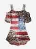 Plus Size Distressed Leopard American Flag 3D Print Cold Shoulder T-shirt -  