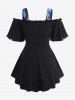Plus Size Cold Shoulder Lace Up Floral Jacquard Laser Cut Hollow Out Layered 2 in 1 Top -  