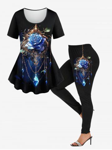Rose Flower Chains Diamond Tassel Glitter 3D Printed T-shirt and Leggings Plus Size Matching Set - BLACK