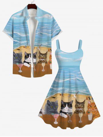 Plus Size Cat Goblet Sea Beach Printed Pocket Buttons Hawaii Beach Outfit for Couples - MULTI