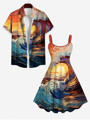 Plus Size Vacation Style Sea Waves Sunset Printed Buttons Pocket Shirt and Dress for Couples