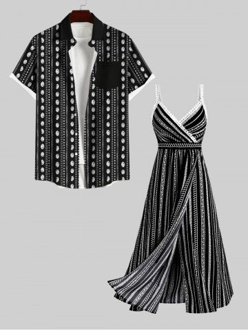 Lace Trim Ethnic Surplice Dress and Moon Striped Print Buttons Pocket Shirt Plus Size Hawaii Beach Outfit for Couples - BLACK