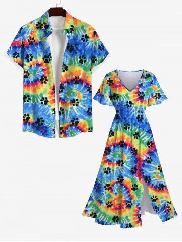 Spiral Watercolor Tie Dye Cat Paw Print Split A Line Dress and Buttons Pocket Shirt Plus Size Hawaii Beach Outfit for Couples