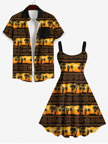 Vintage Coconut Tree Flower Striped Dusk Print Backless A Line Tank Dress and Buttons Pocket Shirt Plus Size Hawaii Beach Outfit for Couples - DEEP COFFEE